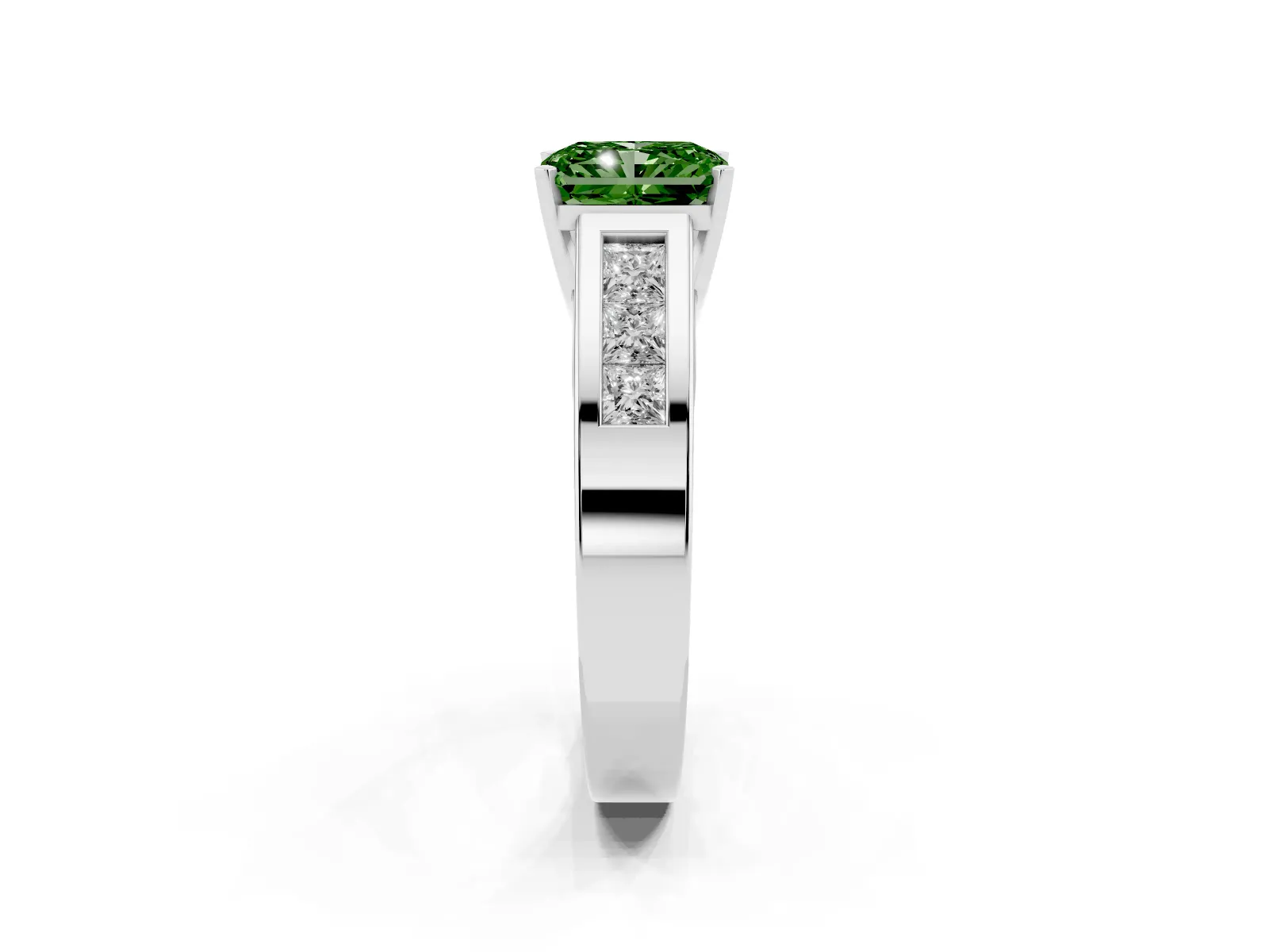 Fancy Green Radiant Cut Cut Channel Set Solitaire Ring with Four-Prong Setting Platinum