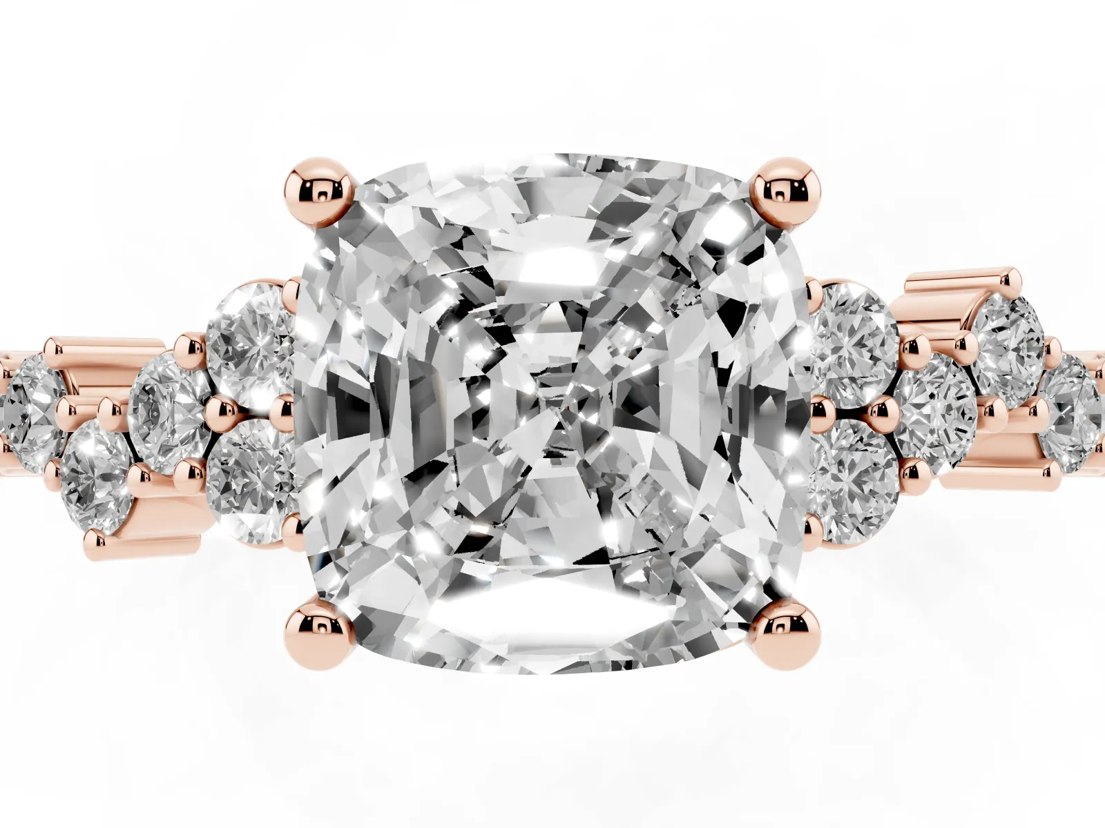 Cushion Cut Diamond Scattered Round Accent Ring with Prong Setting Rose gold