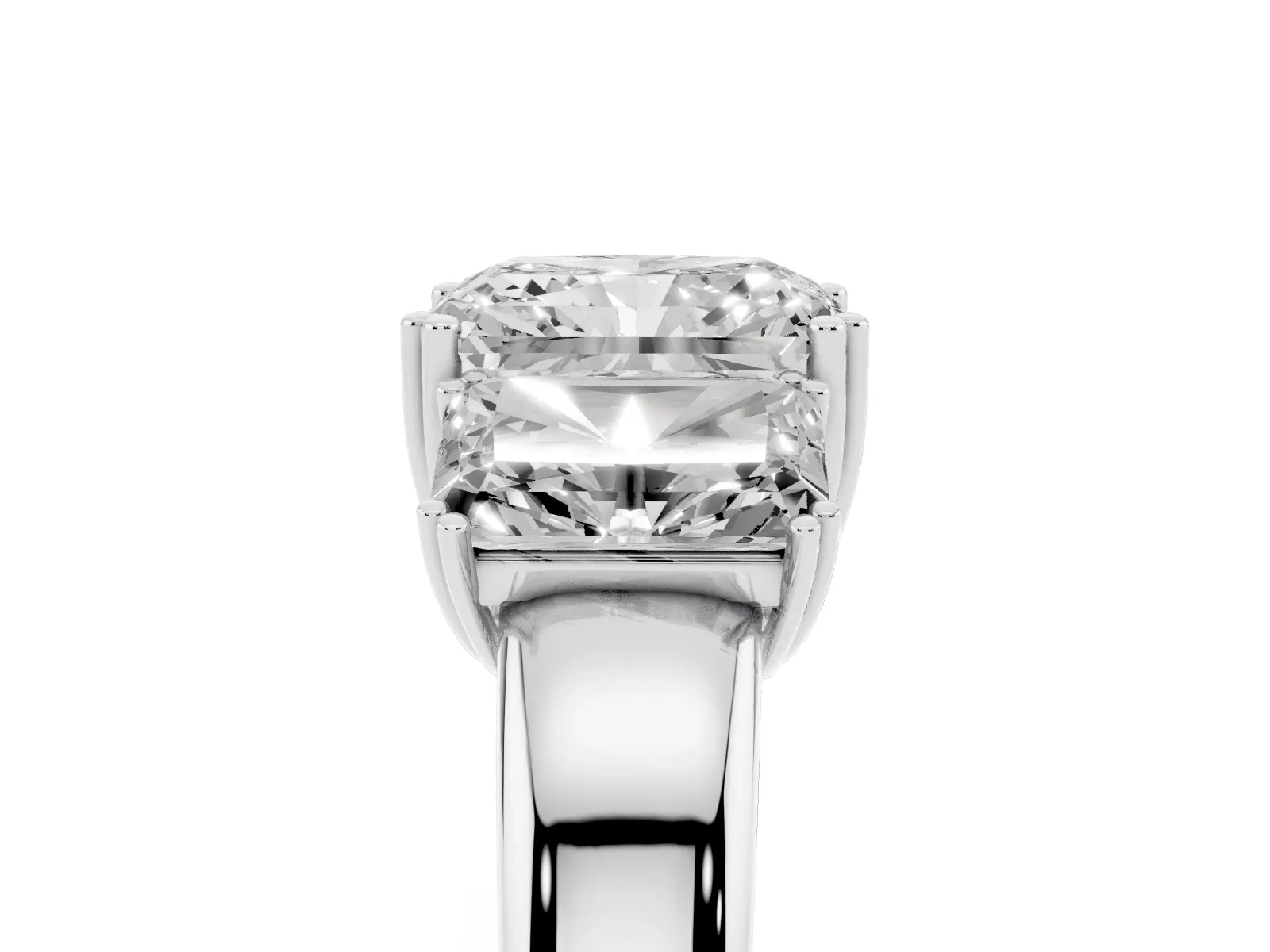 Three-Stone Radiant Cut Cut Diamond Ring with Channel Set Band and Four-Prong Setting White gold
