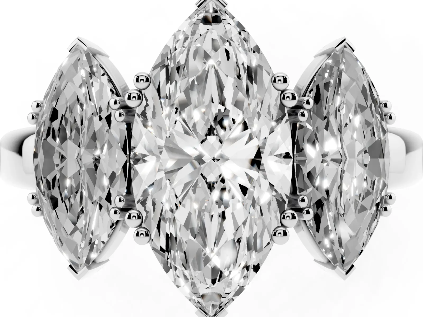 Three-Stone Marquise Cut Cut Diamond Ring with Channel Set Band and Four-Prong Setting Platinum