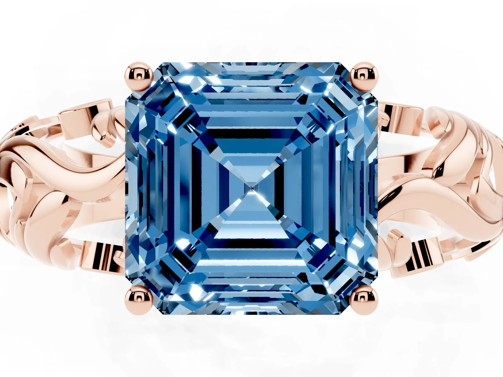 Fancy Blue Asscher Cut Solitaire Diamond Leaf-Inspired Vine Band Ring with Prong Setting Rose gold