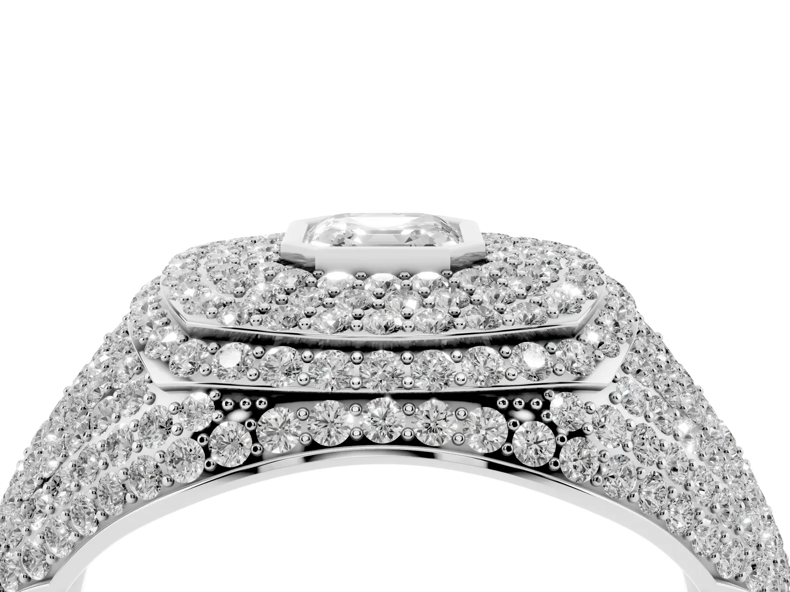 Asscher Cut Diamond Bezel Set Pavé Dome Mens Ring Silver