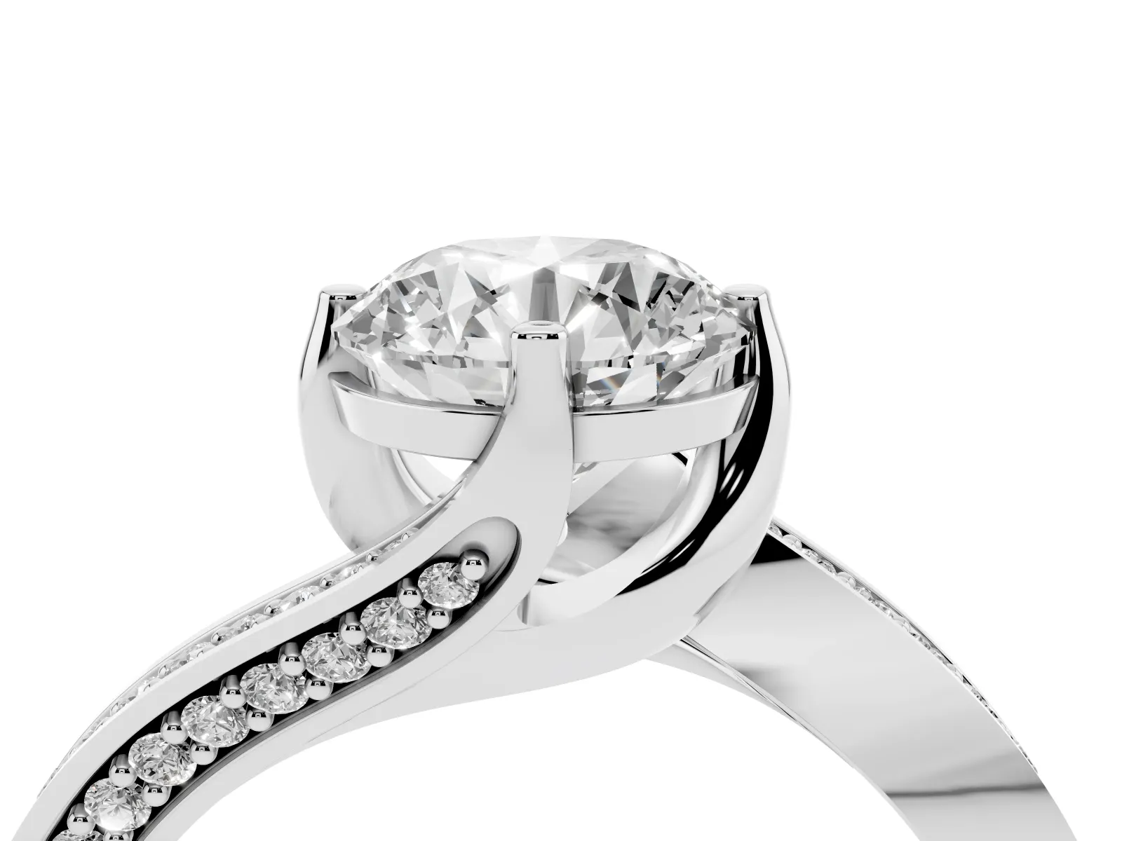 Round Cut Solitaire Diamond Twist Band with Pavé Setting and Four-Prong Setting Platinum
