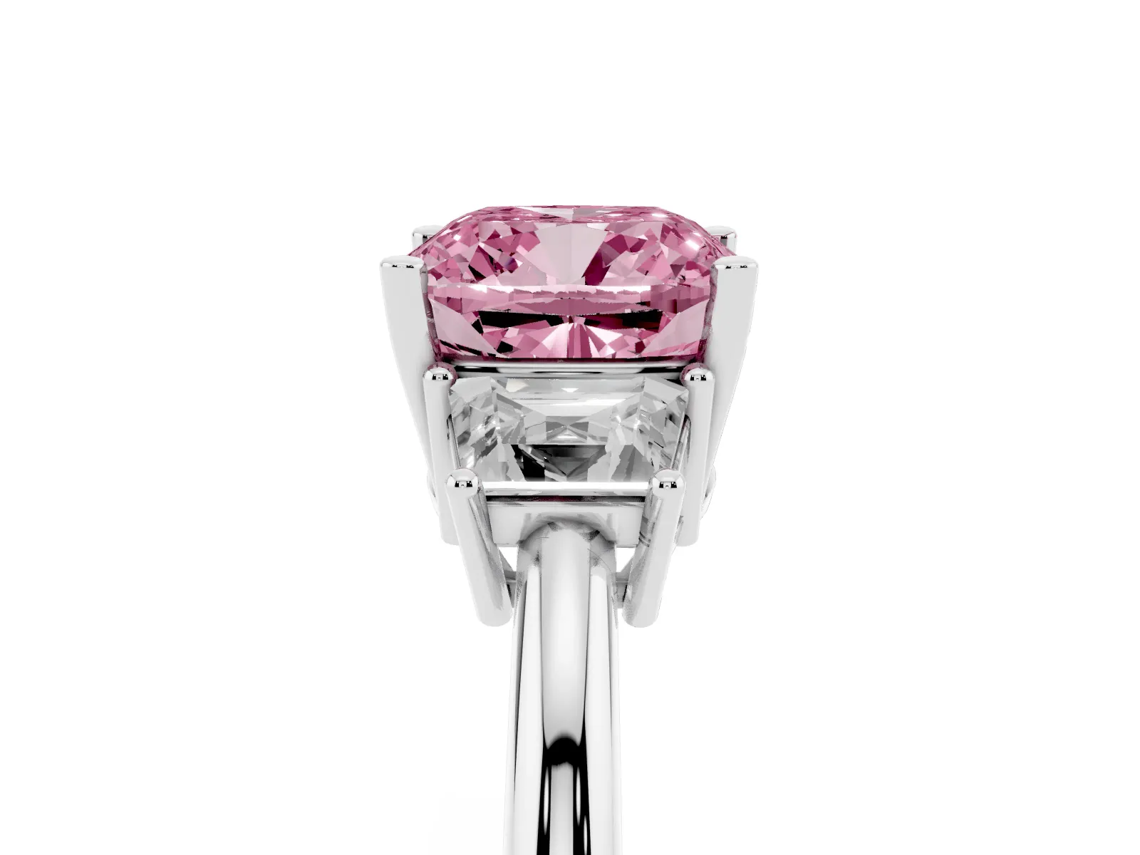 Fancy Pink Cushion Cut Diamond Three-Stone Ring with Trapezoid Side Stones and Prong Setting Platinum