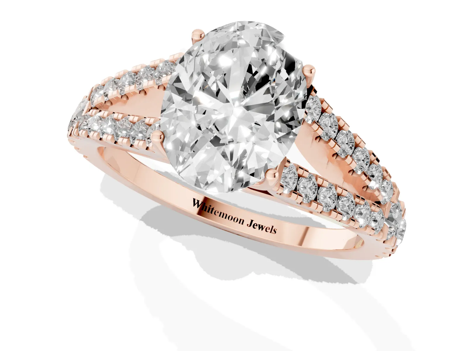Oval Cut Diamond Split Shank Engagement Ring with Round Pavé and Prong Setting Rose gold