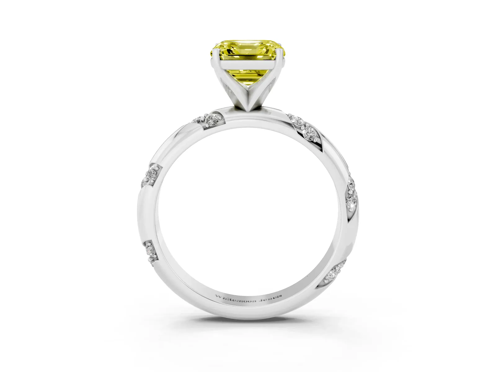 Fancy Yellow Asscher Cut Diamond Solitaire Engagement Ring with Twisted Round Accent Band and Prong Setting Platinum