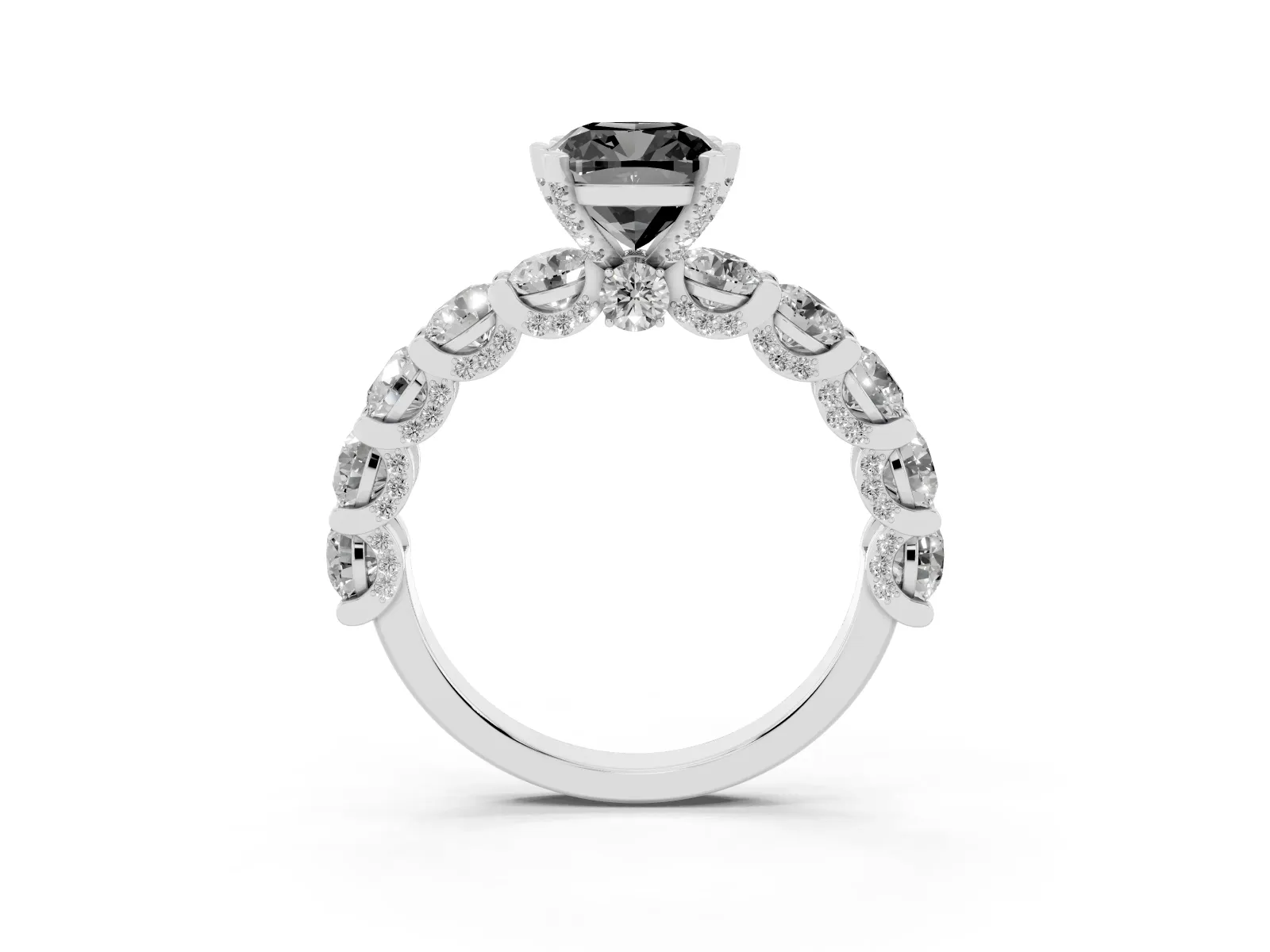 Fancy Black Cushion Cut Diamond Side Stone Engagement Ring with Four-Prong Setting Platinum