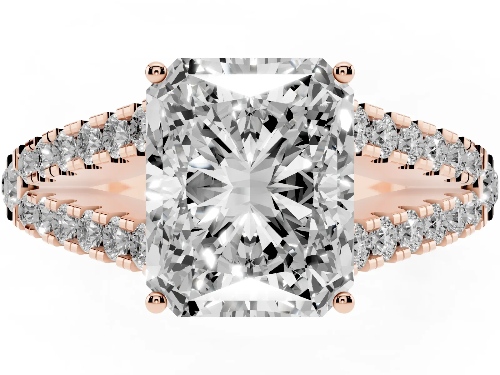 Radiant Cut Diamond Split Shank Engagement Ring with Round Pavé and Prong Setting Rose gold