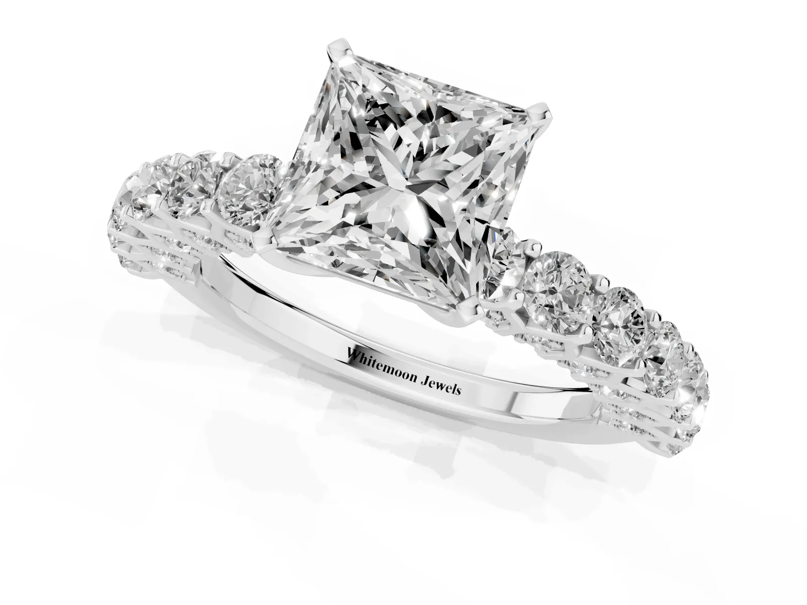 Princess Cut Diamond Solitaire Ring with Shared Prong Pavé Band and Four-Prong Setting White gold