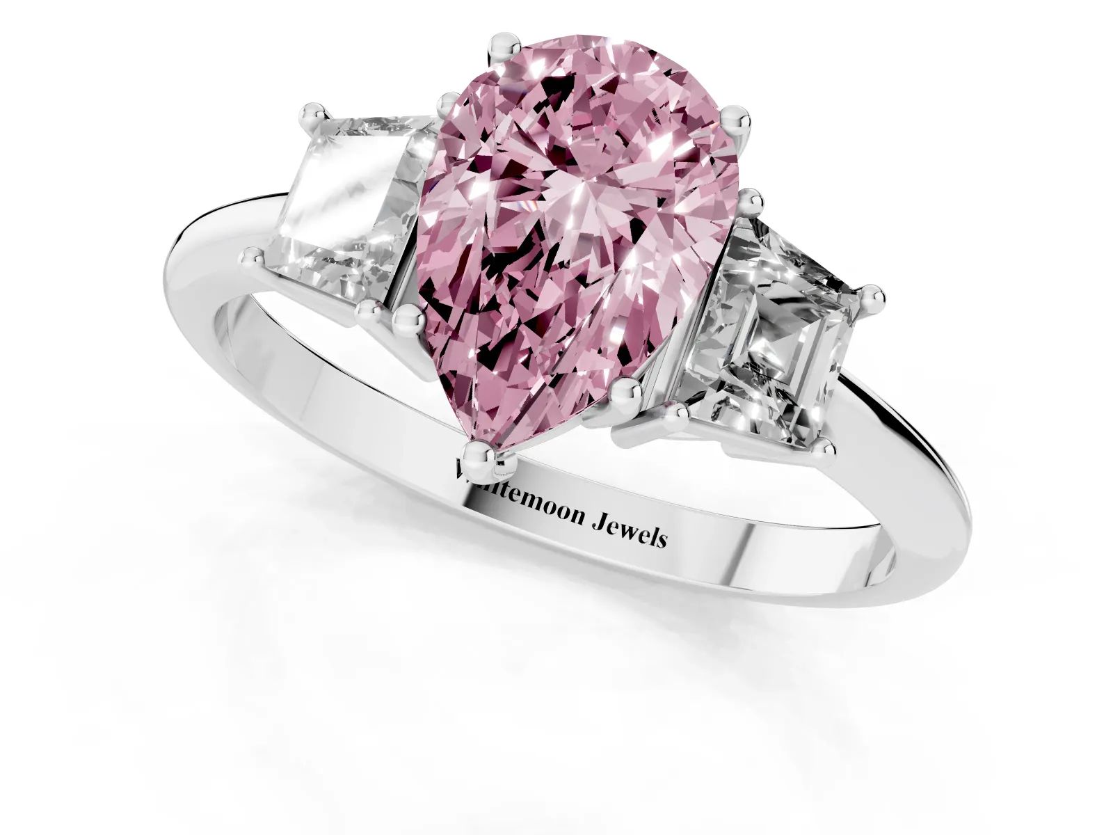 Fancy Pink Pear Cut Diamond Three-Stone Ring with Trapezoid Side Stones and Prong Setting Platinum
