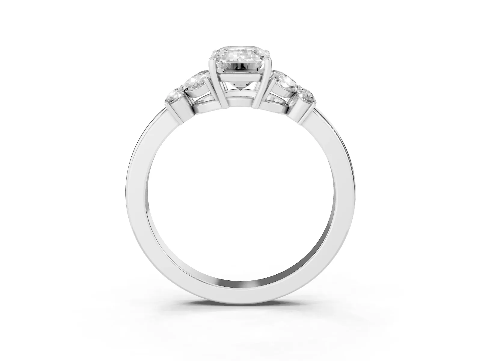 Emerald Cut Cut Solitaire Floral Diamond Ring with Four-Prong Setting Platinum