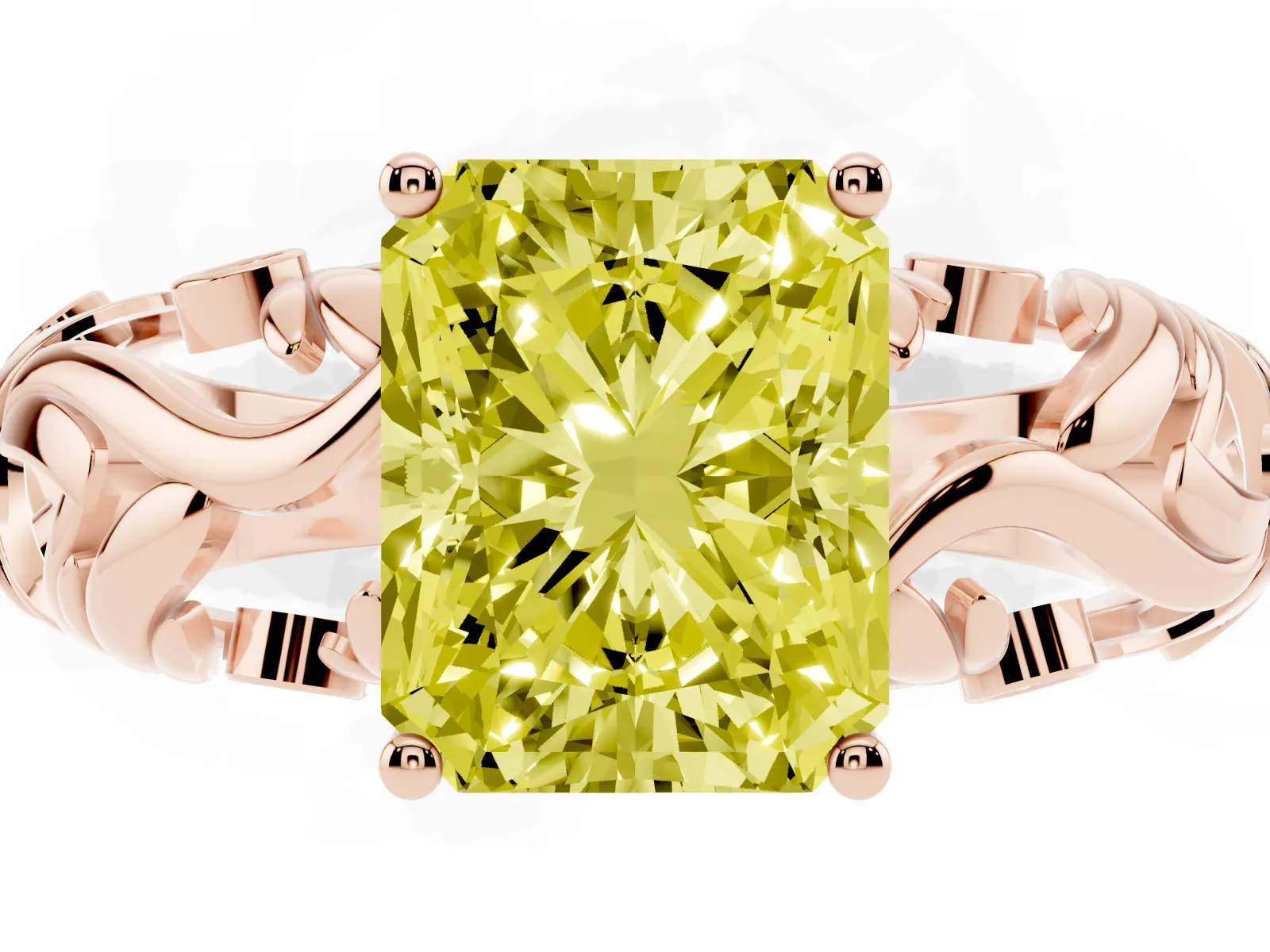 Fancy Yellow Radiant Cut Solitaire Diamond Leaf-Inspired Vine Band Ring with Prong Setting Rose gold
