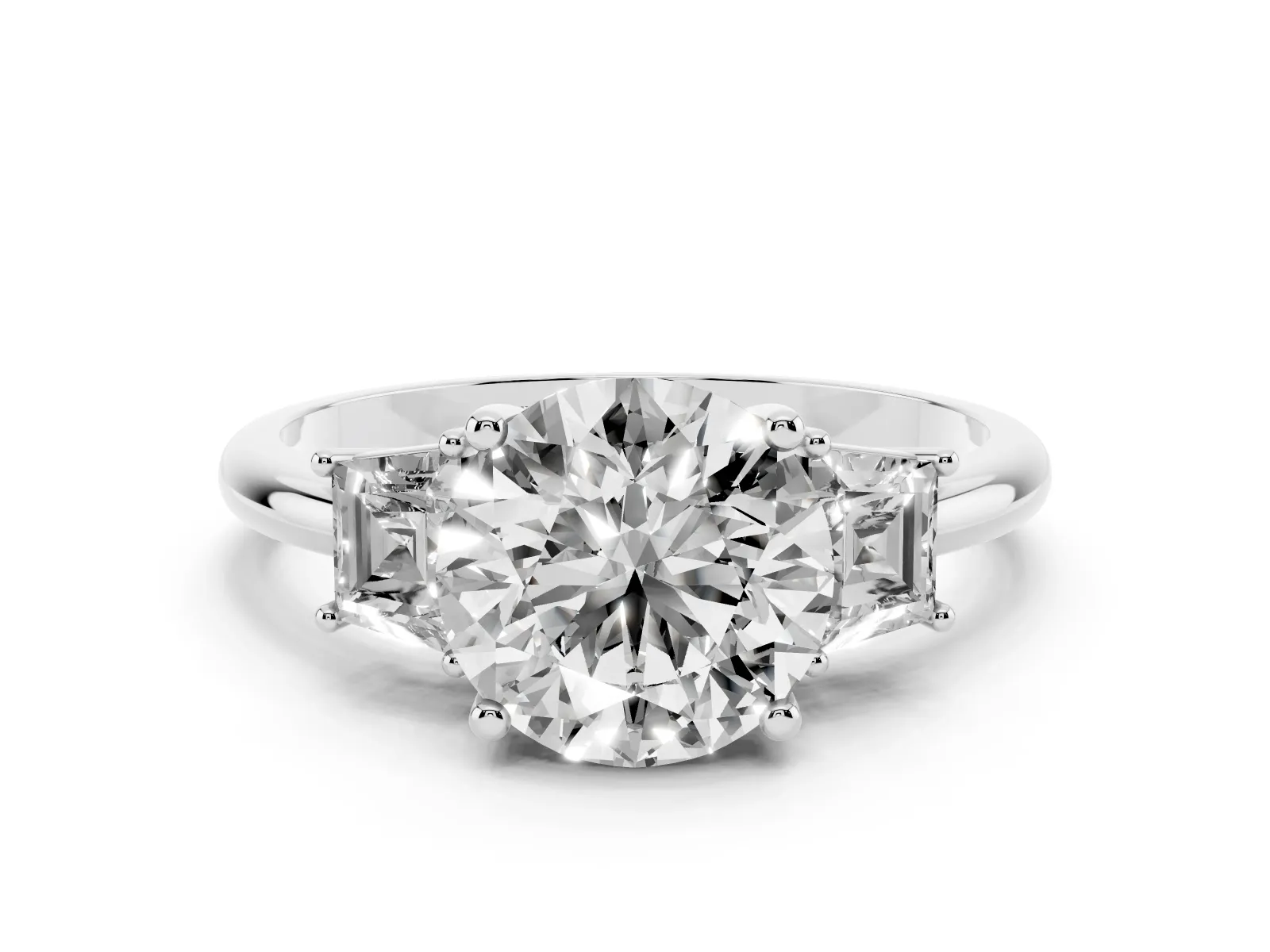 Round Cut Diamond Three-Stone Ring with Trapezoid Side Stones and Prong Setting Platinum
