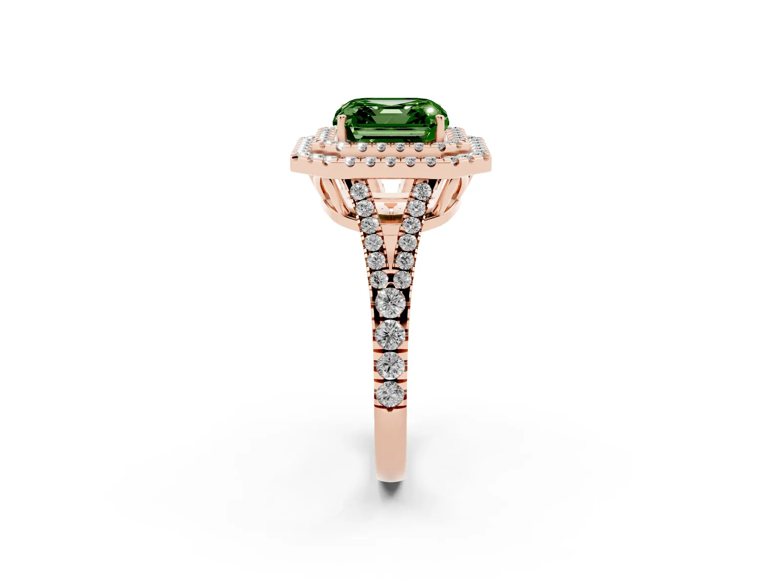 Fancy Green Asscher Cut Diamond Double Halo Ring with Pavé Band and Prong Setting Rose gold