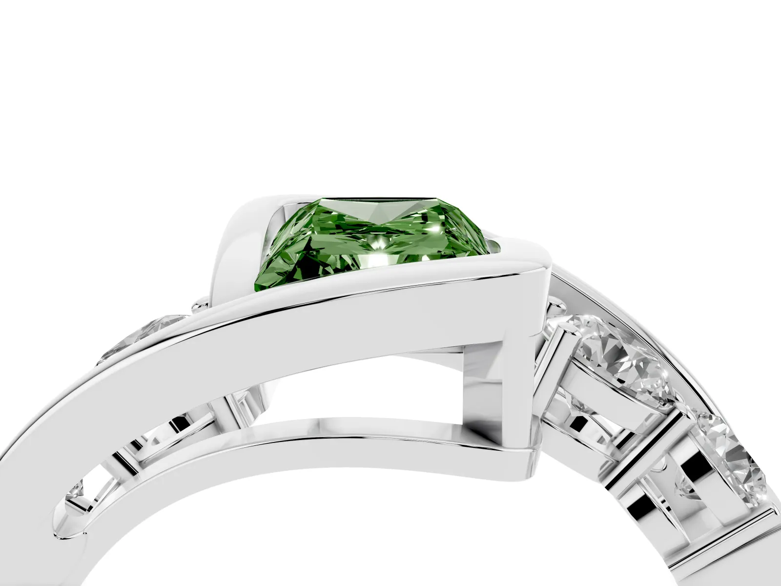 Fancy Green Bezel Set Radiant Cut Diamond Bypass Ring with Round Accents White gold