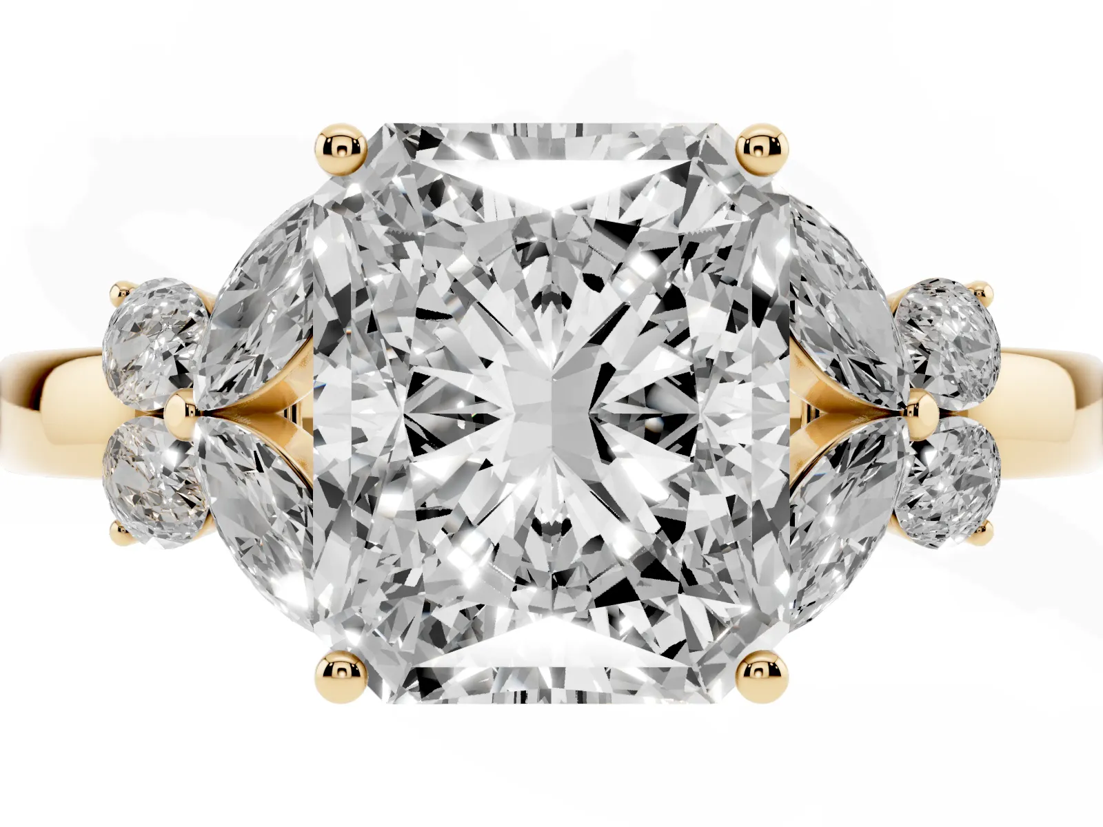 Radiant Cut Cut Solitaire Floral Diamond Ring with Four-Prong Setting Yellow gold