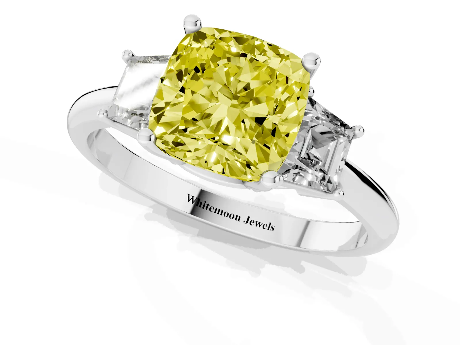 Fancy Yellow Cushion Cut Diamond Three-Stone Ring with Trapezoid Side Stones and Prong Setting Platinum