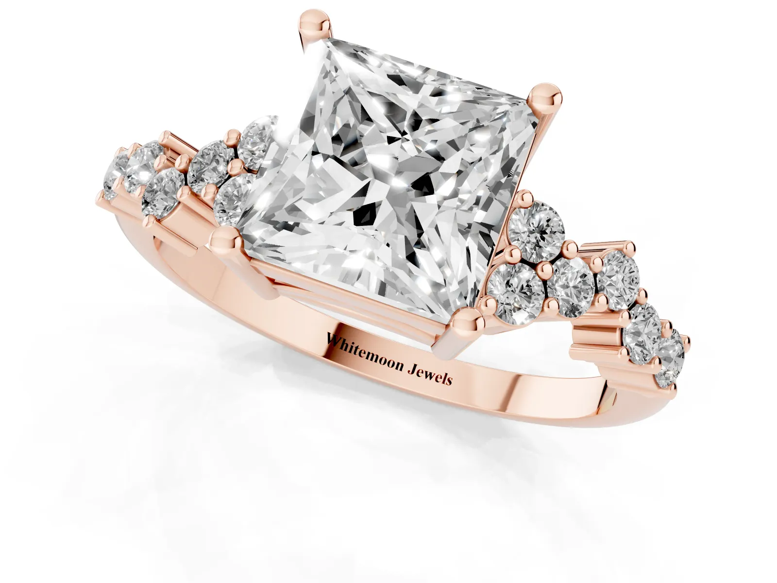 Princess Cut Diamond Scattered Round Accent Ring with Prong Setting Rose gold