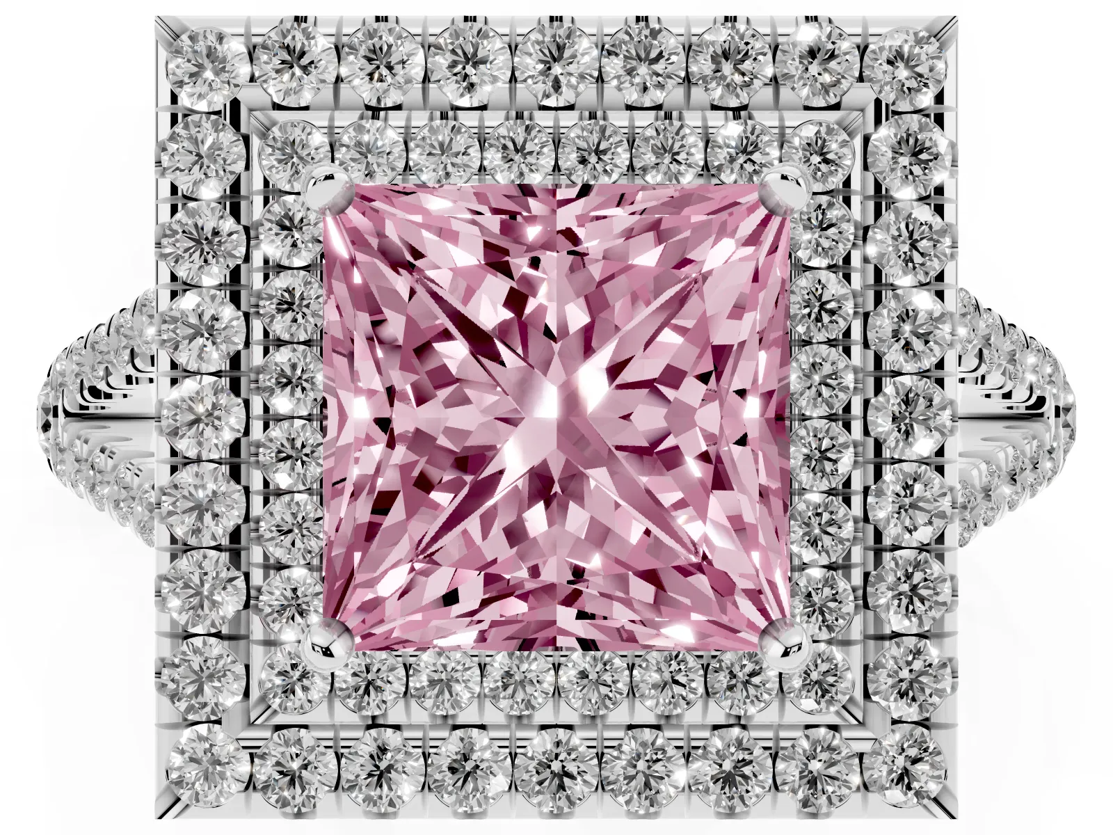 Fancy Pink Princess Cut Diamond Double Halo Ring with Pavé Band and Prong Setting Platinum