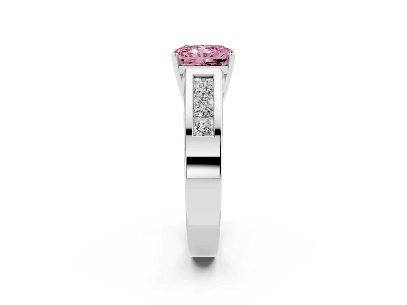 Fancy Pink Radiant Cut Cut Channel Set Solitaire Ring with Four-Prong Setting Platinum