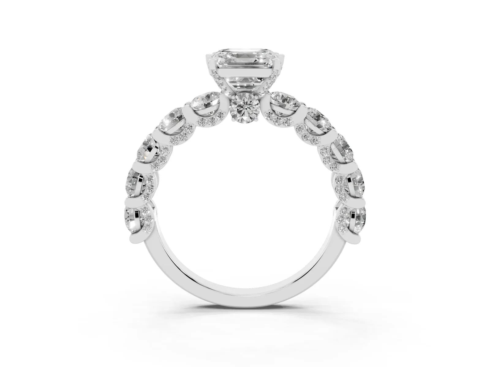 Asscher Cut Diamond Side Stone Engagement Ring with Four-Prong Setting Silver
