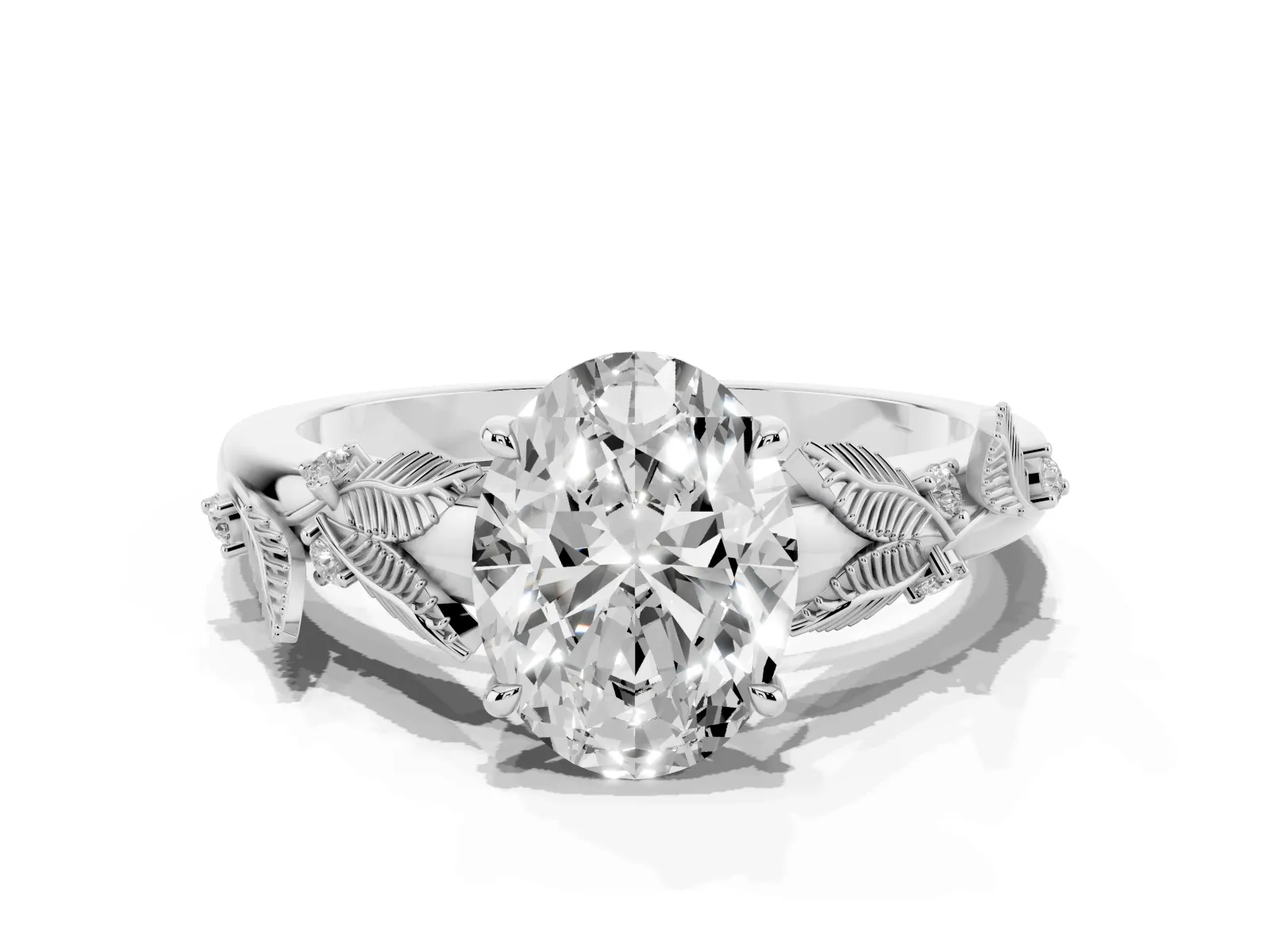Oval Cut Diamond Solitaire Ring with Leaf Motif Band and Four-Prong Setting Platinum