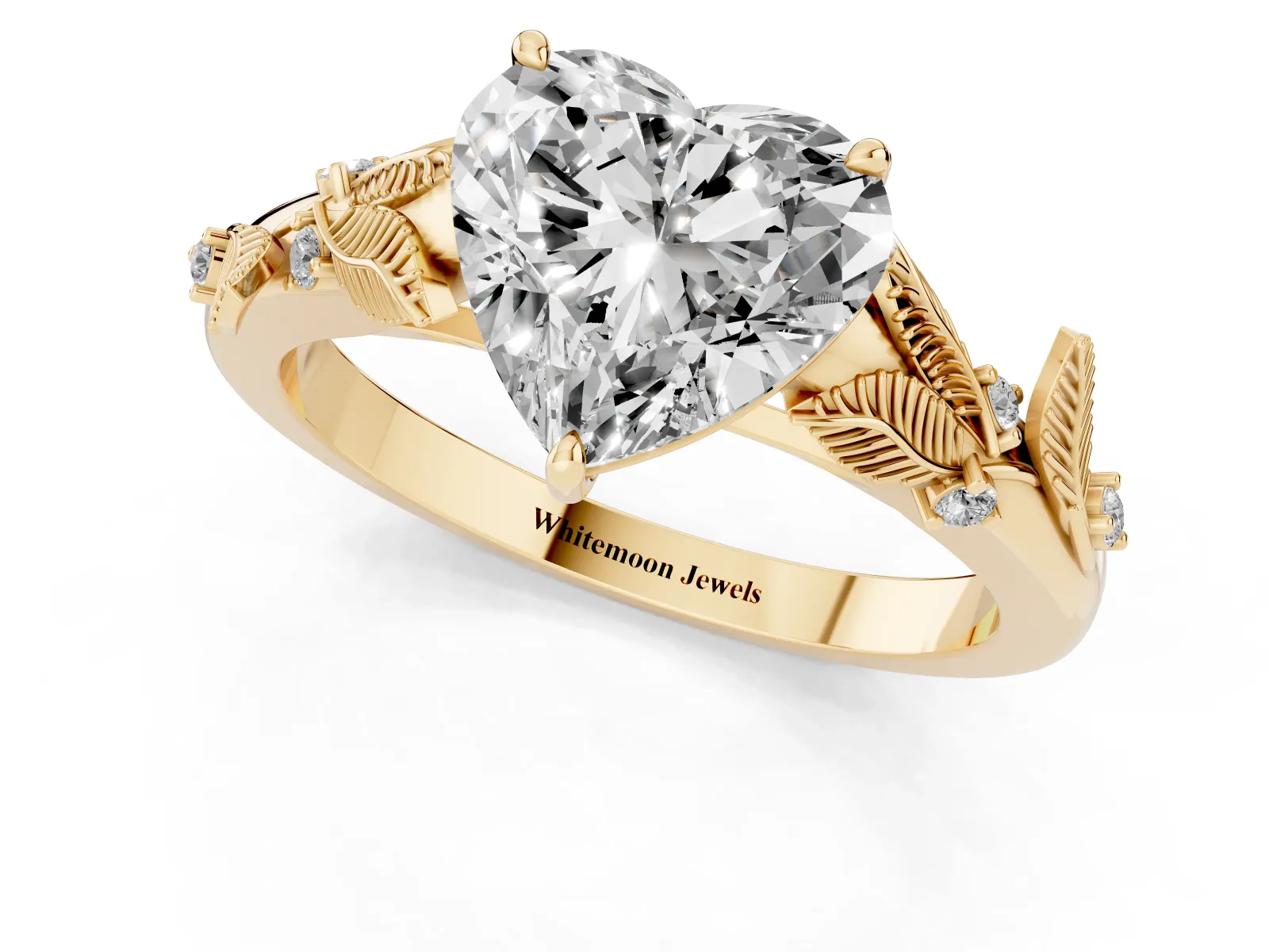 Heart Cut Diamond Solitaire Ring with Leaf Motif Band and Four-Prong Setting Yellow gold