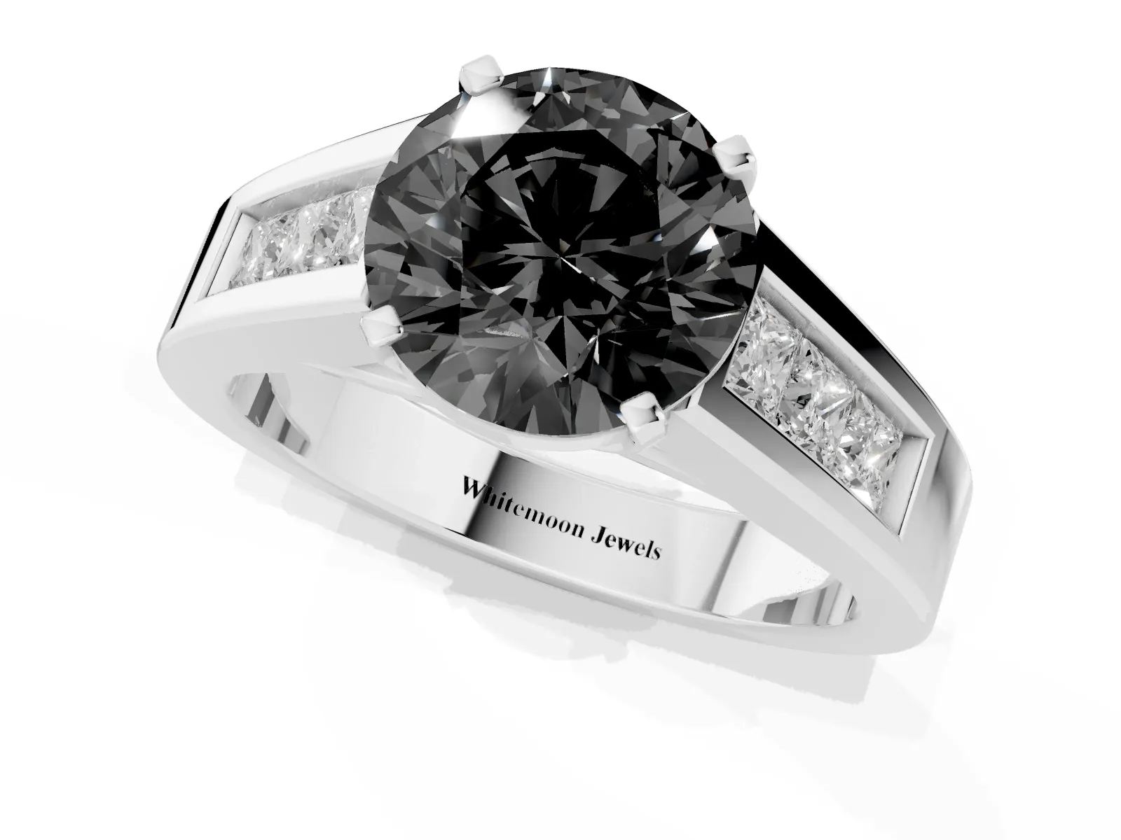 Fancy Black Round Cut Cut Channel Set Solitaire Ring with Four-Prong Setting Platinum