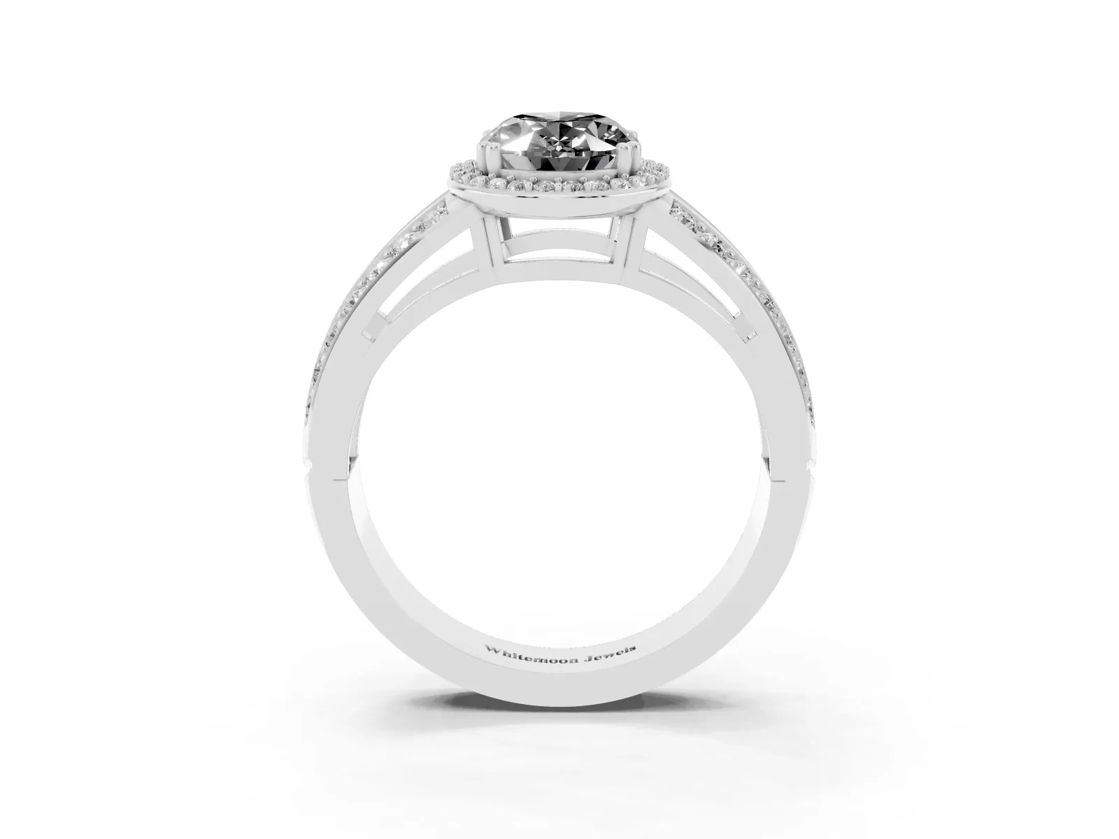 Fancy Black Oval Cut Diamond Halo Ring with Split Shank Pavé Band and Four-Prong Setting White gold