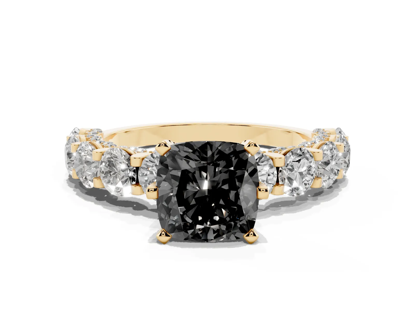 Fancy Black Cushion Cut Diamond Side Stone Engagement Ring with Four-Prong Setting Yellow gold