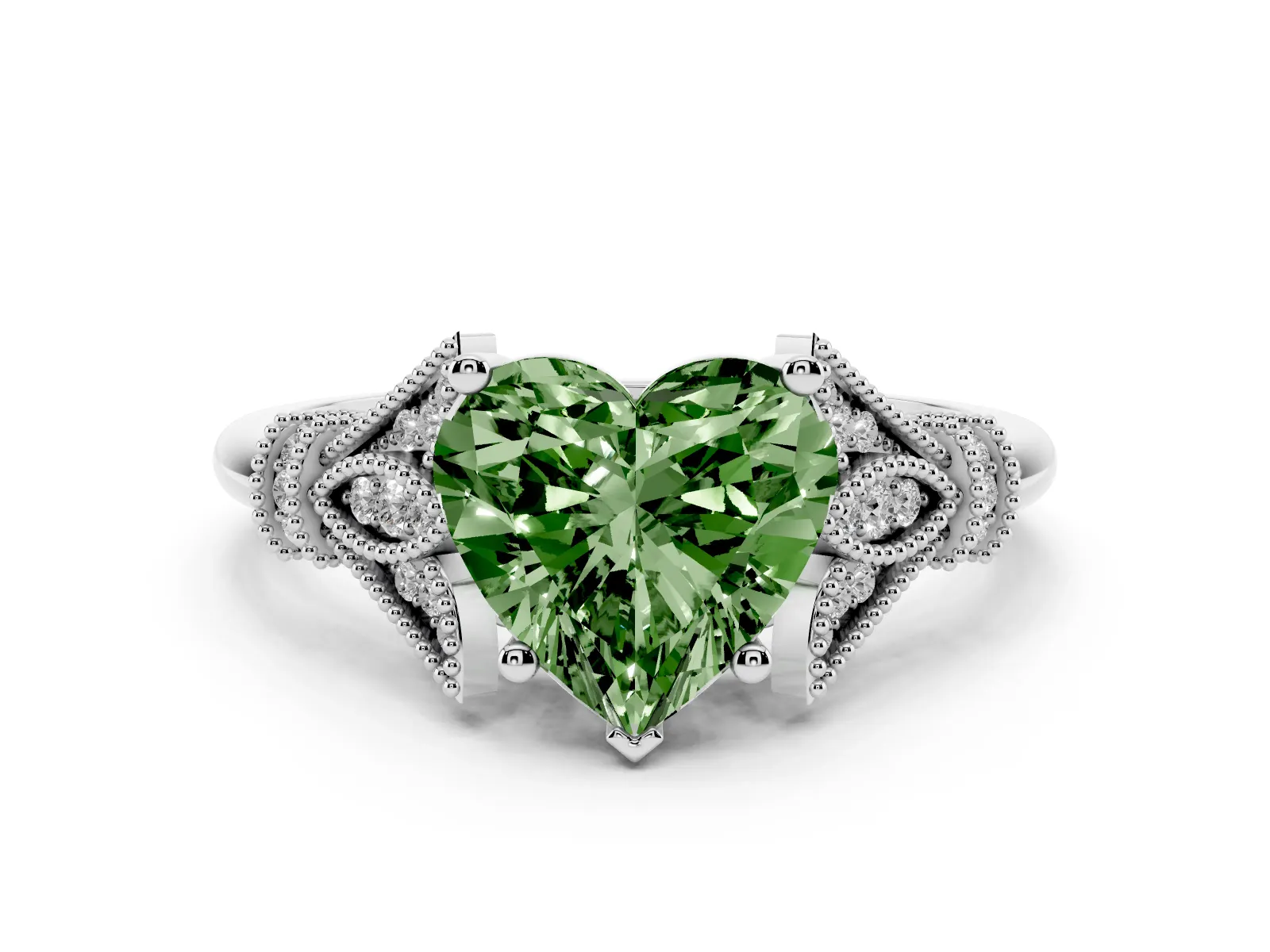 Fancy Green Heart Cut Diamond Solitaire Ring with Floral Filigree and Pave Accents Platinum