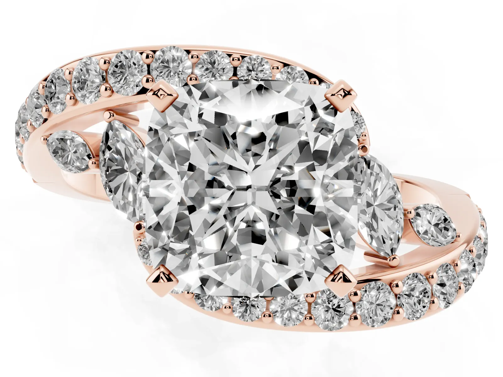 Cushion Cut Diamond Solitaire Ring with Filigree Band and Four-Prong Setting Rose gold