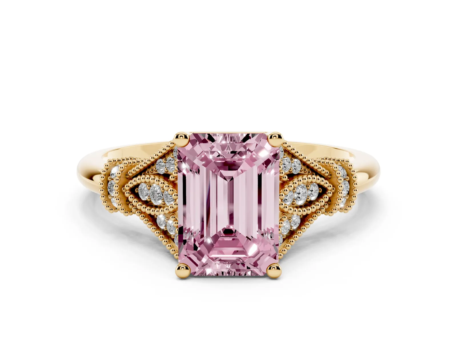 Fancy Pink Emerald Cut Diamond Solitaire Ring with Floral Filigree and Pave Accents Yellow gold