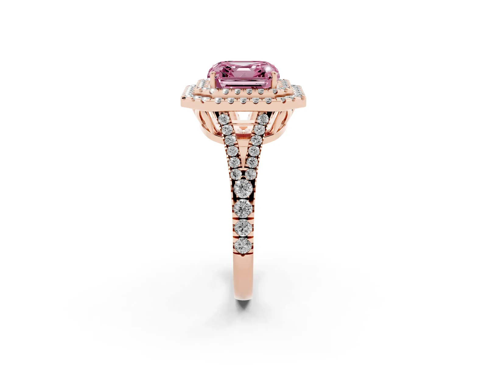 Fancy Pink Asscher Cut Diamond Double Halo Ring with Pavé Band and Prong Setting Rose gold