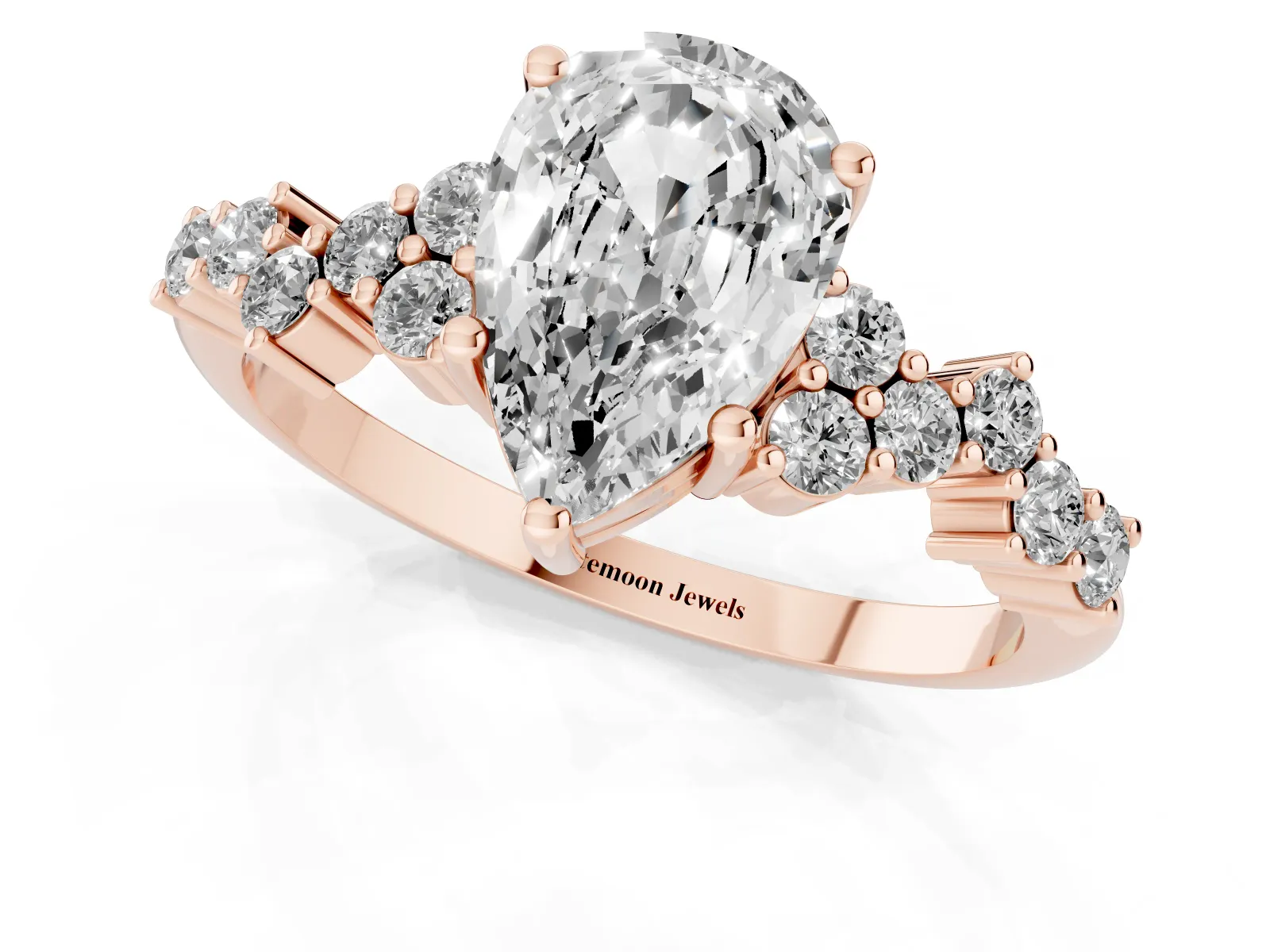 Pear Cut Diamond Scattered Round Accent Ring with Prong Setting Rose gold