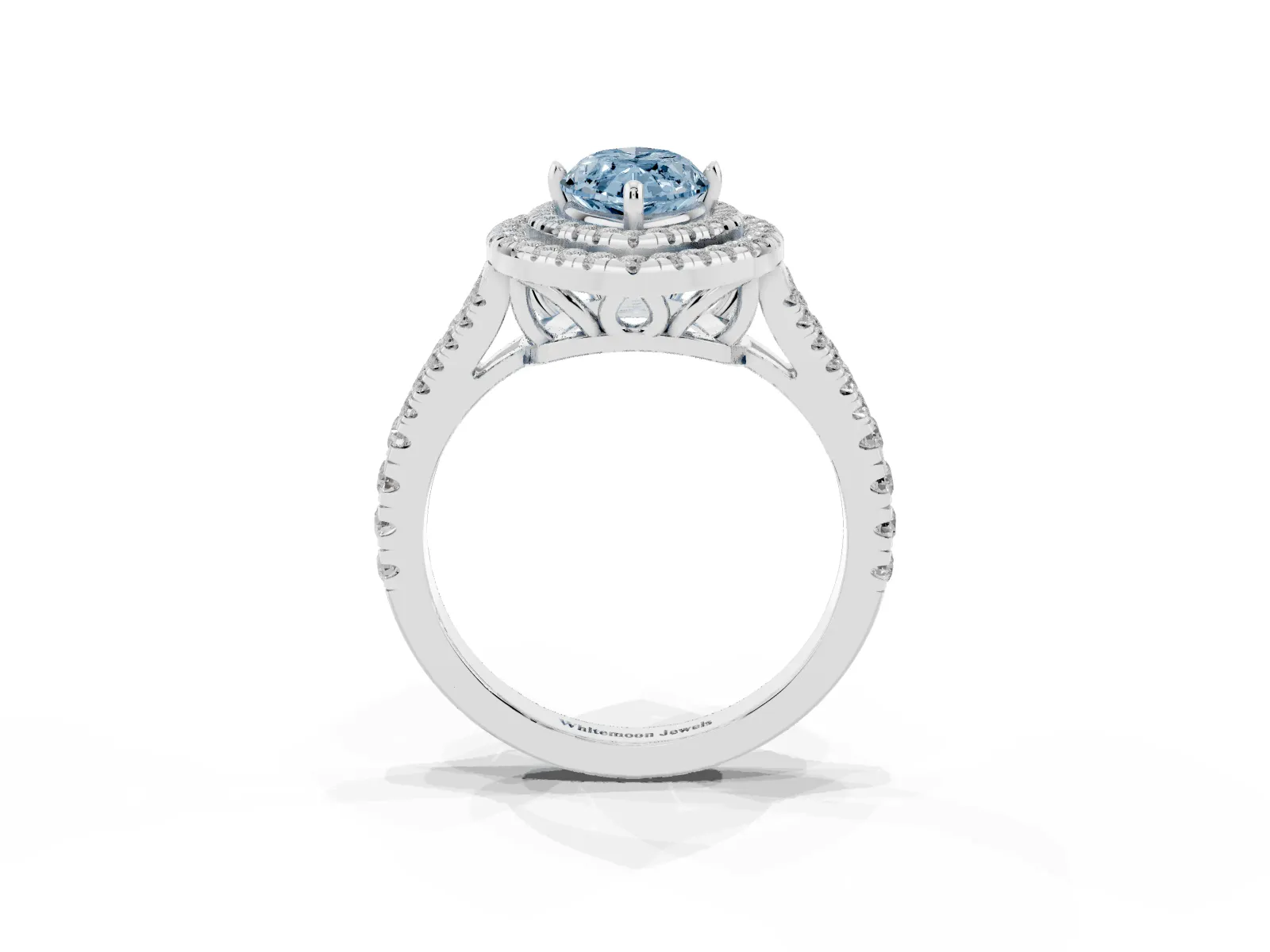 Fancy Blue Marquise Cut Diamond Double Halo Ring with Pavé Band and Prong Setting Platinum