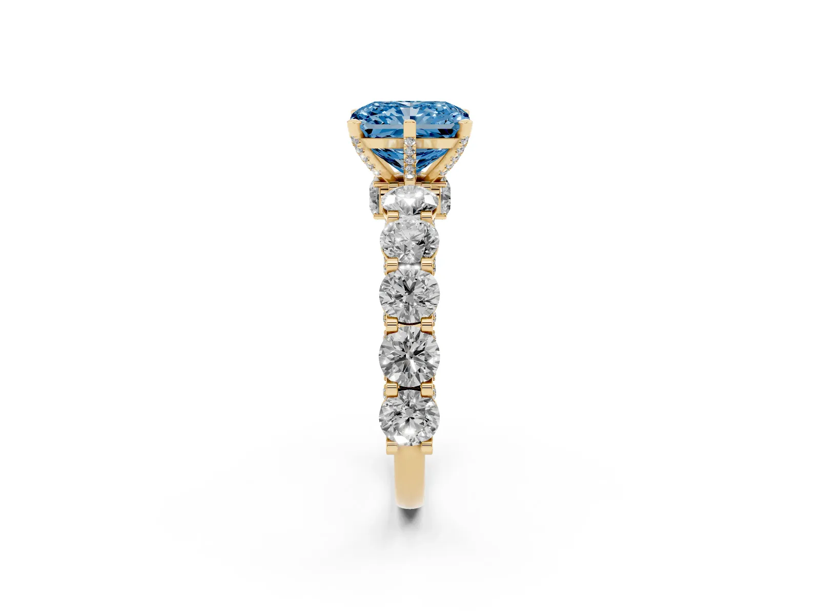 Fancy Blue Radiant Cut Diamond Side Stone Engagement Ring with Four-Prong Setting Yellow gold