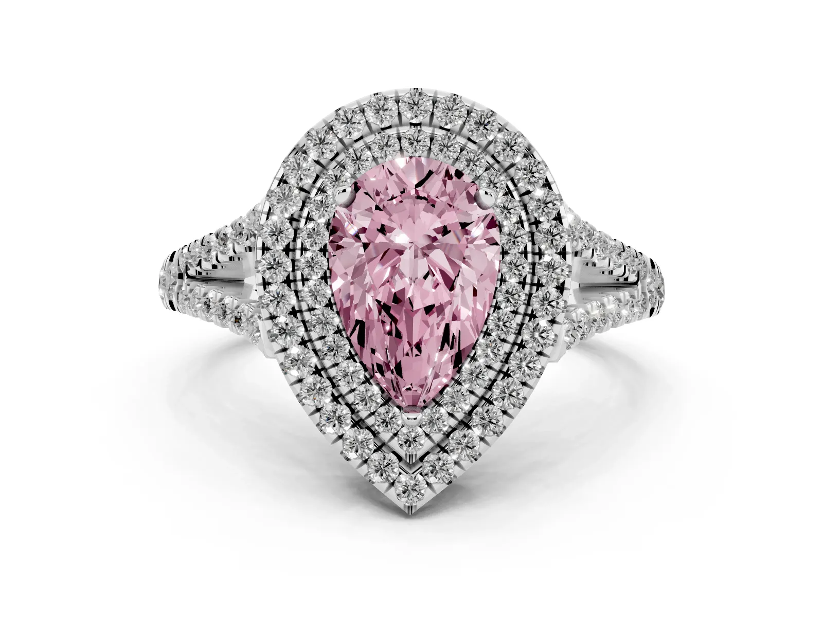 Fancy Pink Pear Cut Diamond Double Halo Ring with Pavé Band and Prong Setting Platinum