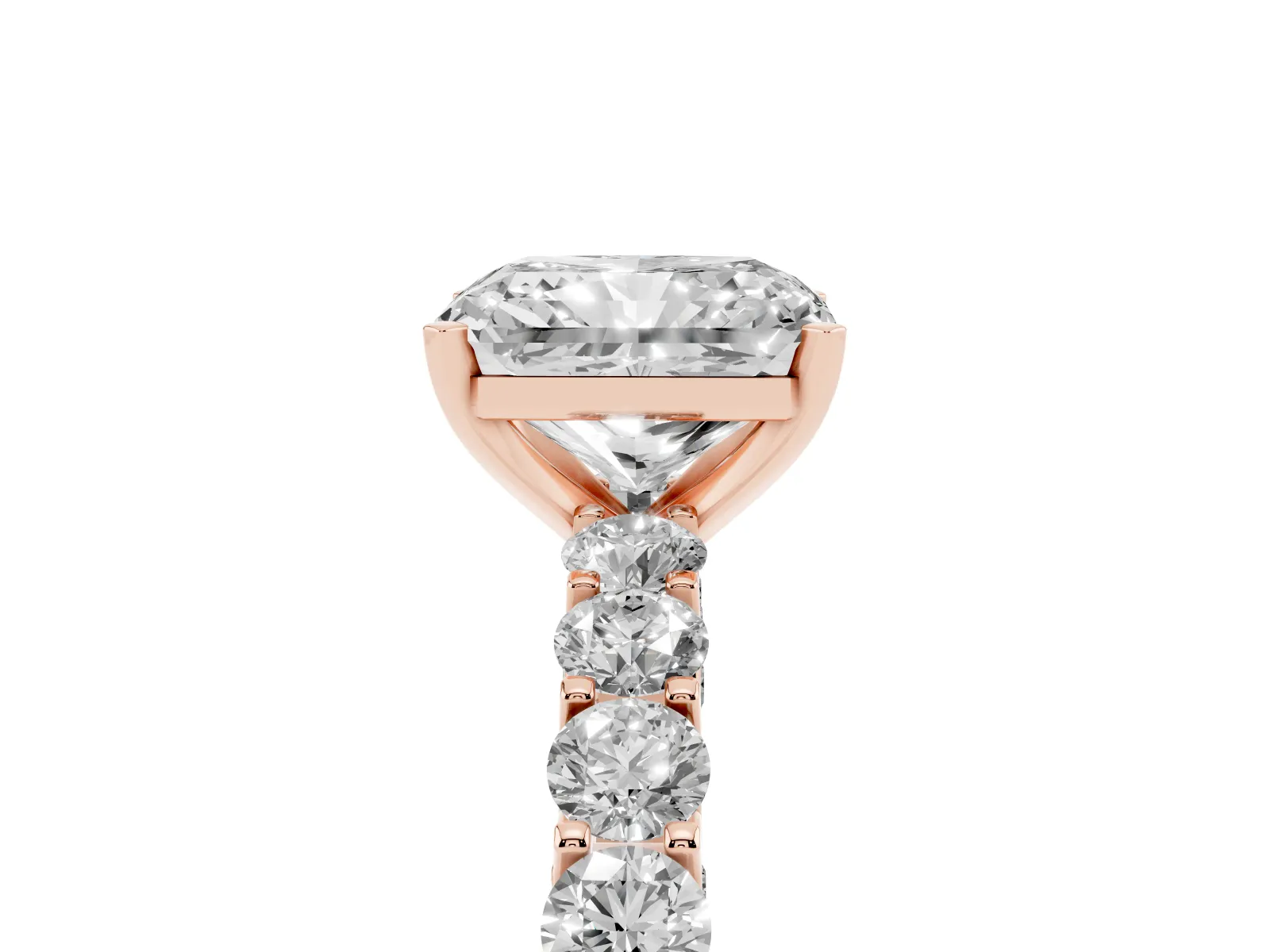 Radiant Cut Diamond Solitaire Ring with Shared Prong Pavé Band and Four-Prong Setting Rose gold