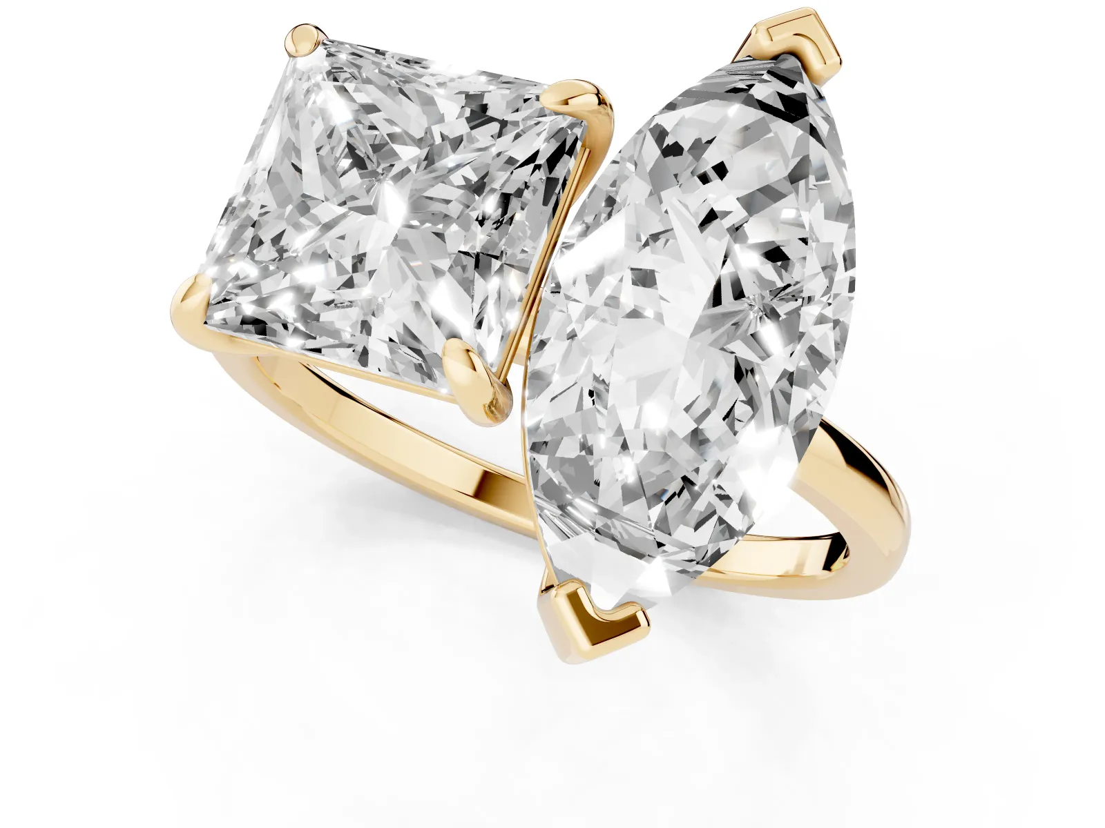 Marquise and Princess Toi Moi Ring with Prong Setting and Plain Band Yellow gold