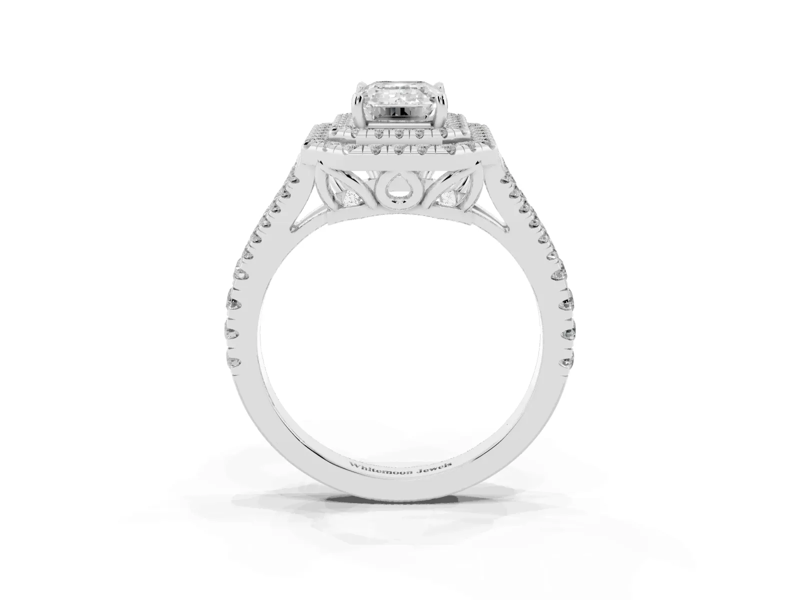 Emerald Cut Diamond Double Halo Ring with Pavé Band and Prong Setting Platinum