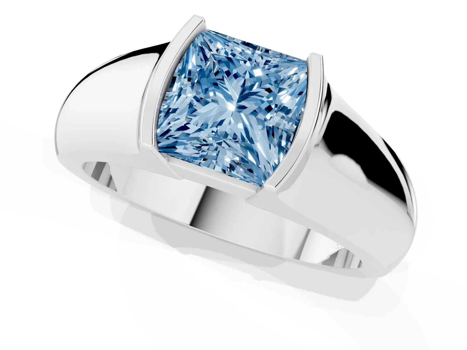 Fancy Blue Princess Cut Solitaire Bezel Set Diamond Ring with Wide Band White gold