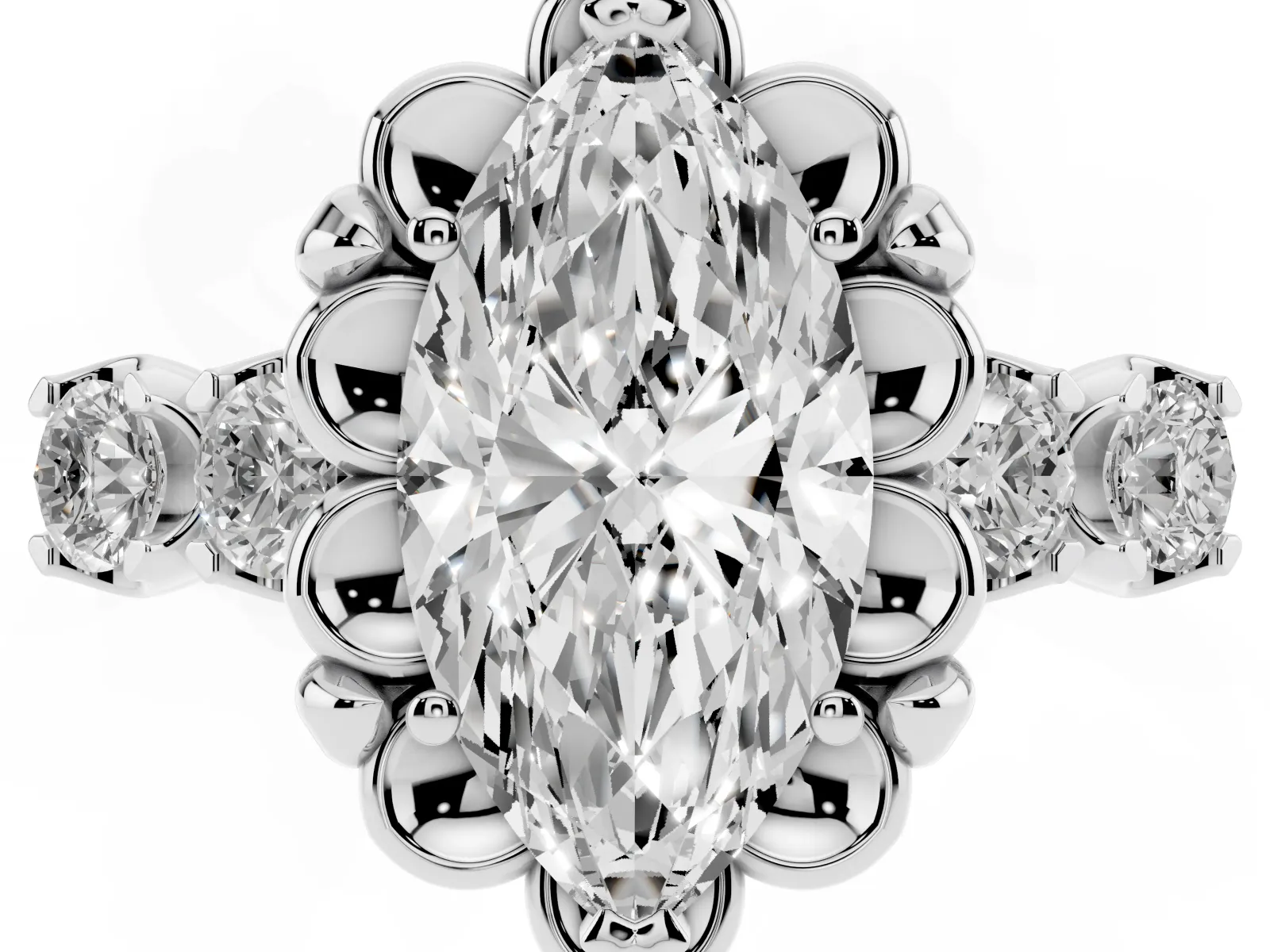 Marquise Cut Cut Diamond Floral Halo Engagement Ring with Shared Prong Setting Platinum