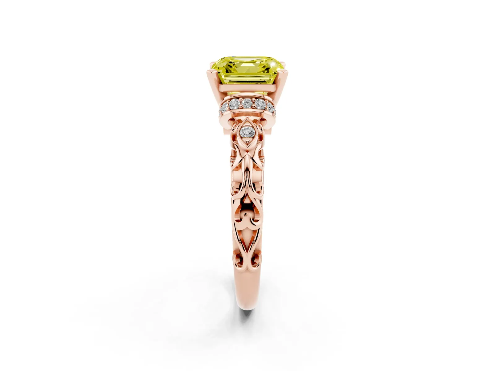 Fancy Yellow Asscher Cut Diamond Solitaire Ring with Filigree Band and Four-Prong Setting Rose gold
