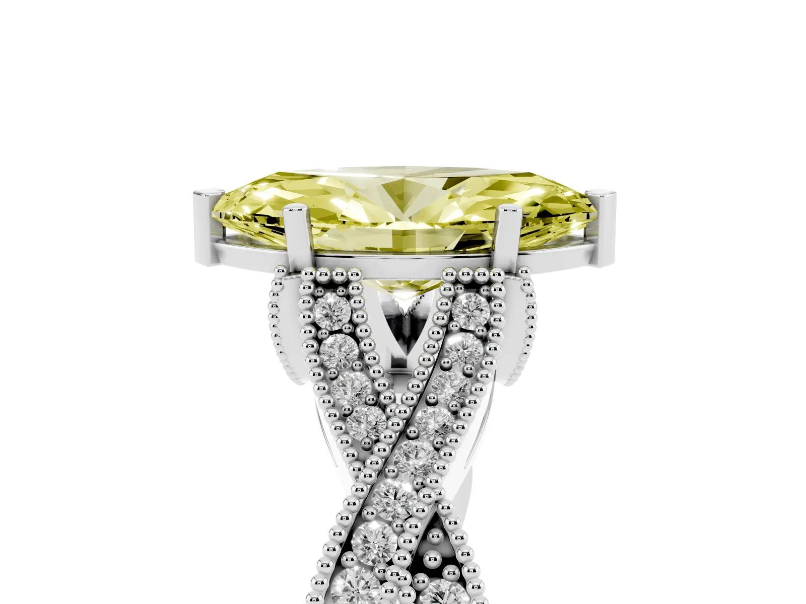 Fancy Yellow Marquise Cut Cut Diamond Twisted Band with Milgrain Pave Setting and Four-Prong Setting Platinum