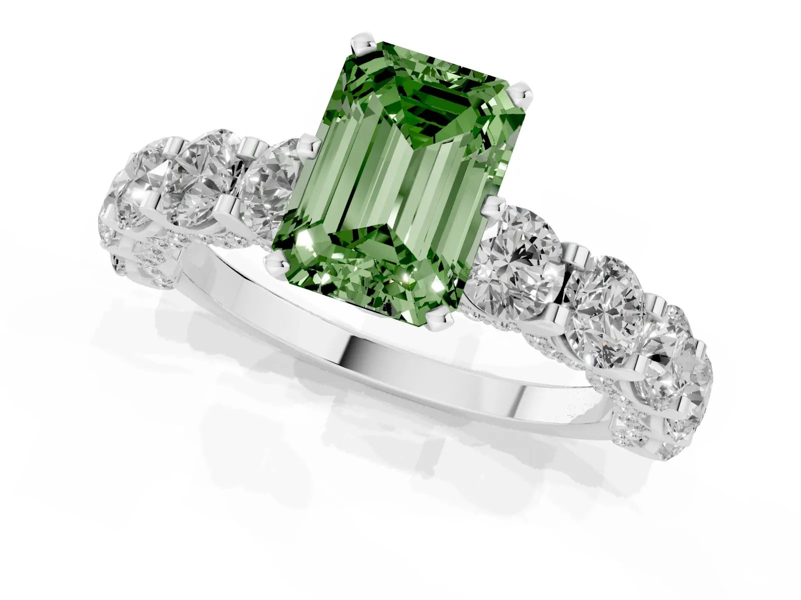 Fancy Green Emerald Cut Diamond Side Stone Engagement Ring with Four-Prong Setting White gold