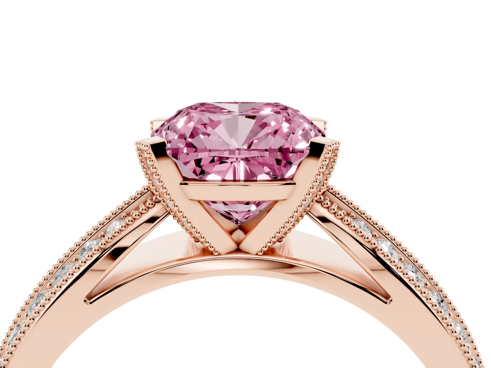 Fancy Pink Cushion Cut Diamond Solitaire Ring with Milgrain Round Pavé Band and Prong Setting Rose gold