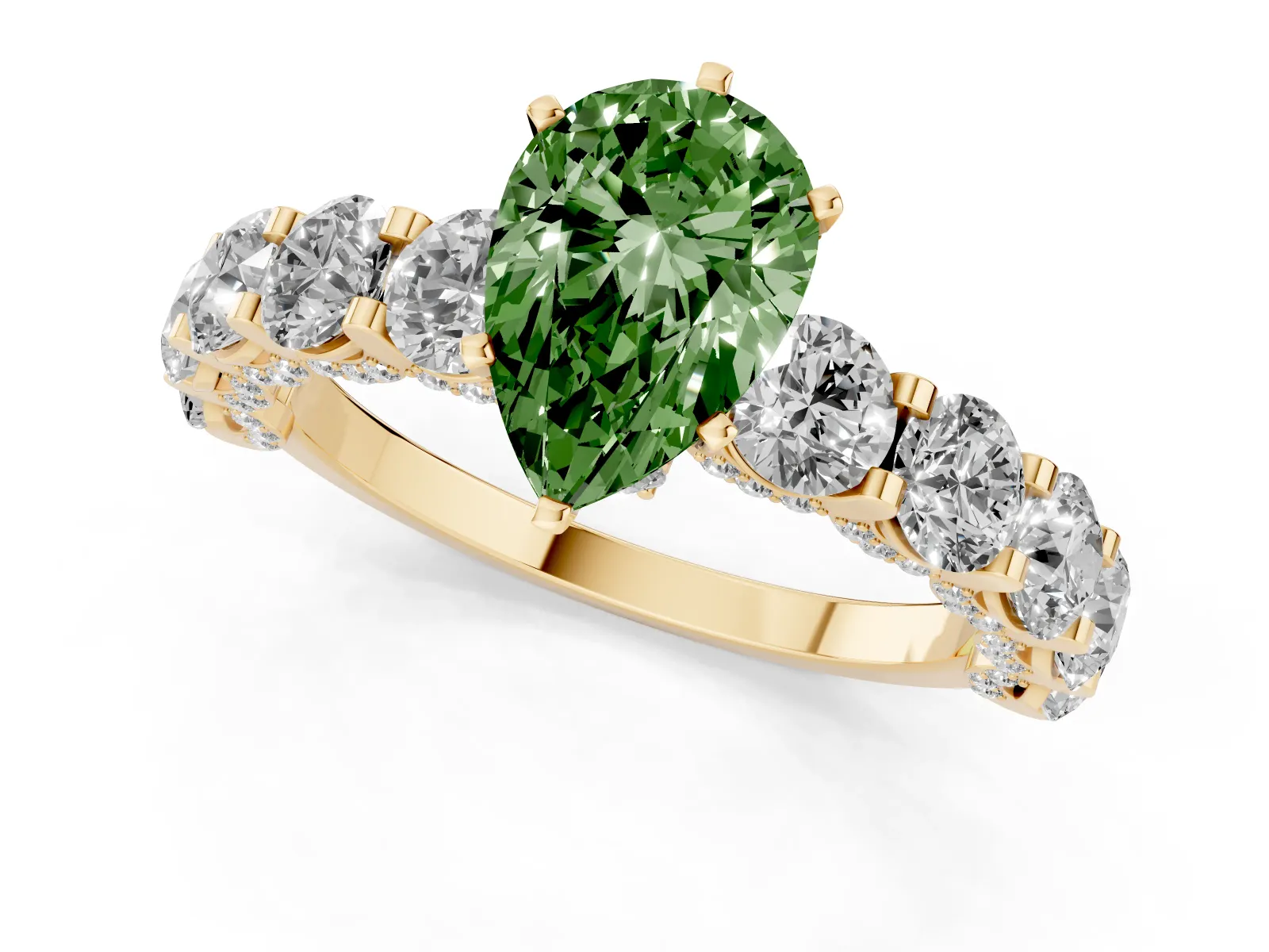 Fancy Green Pear Cut Diamond Side Stone Engagement Ring with Four-Prong Setting Yellow gold
