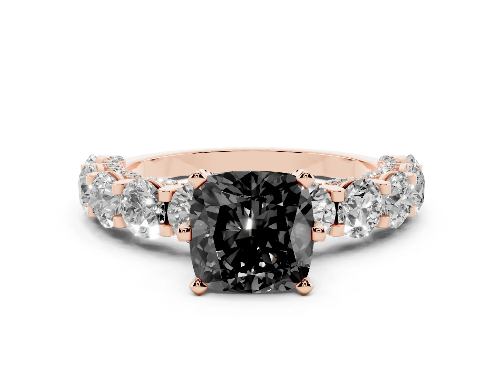 Fancy Black Cushion Cut Diamond Side Stone Engagement Ring with Four-Prong Setting Rose gold
