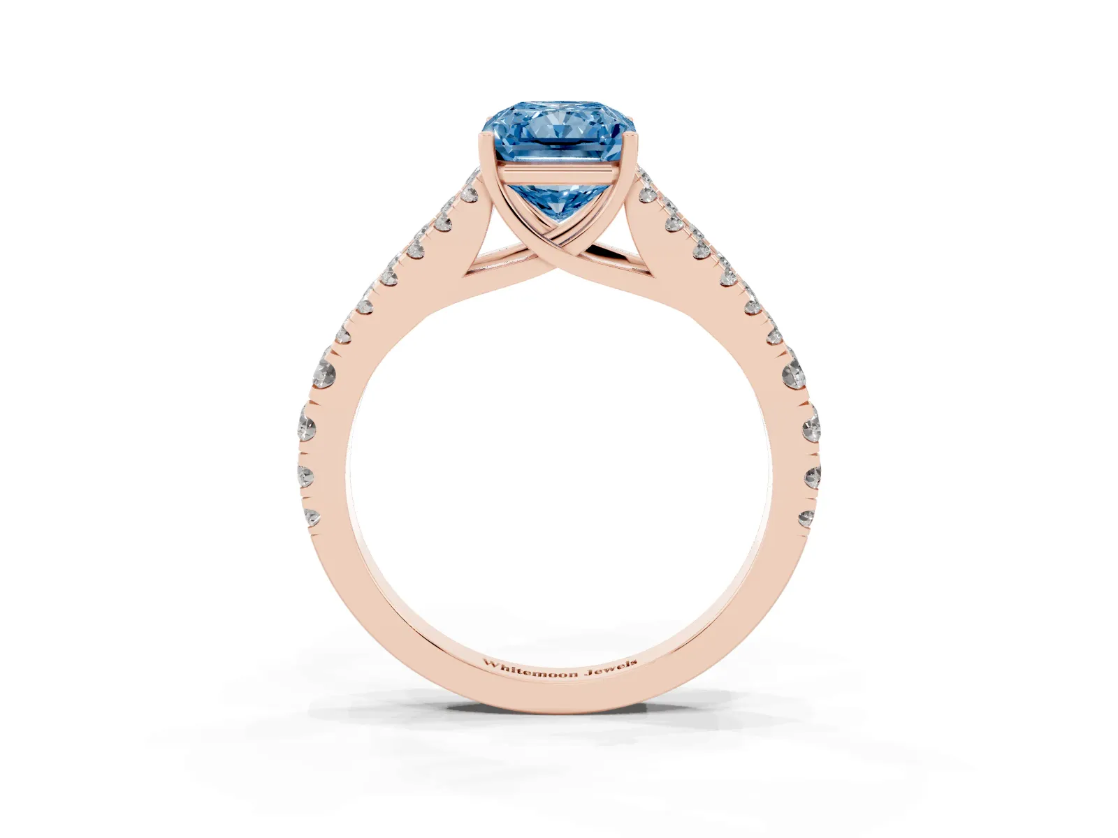 Fancy Blue Radiant Cut Diamond Split Shank Engagement Ring with Round Pavé and Prong Setting Rose gold